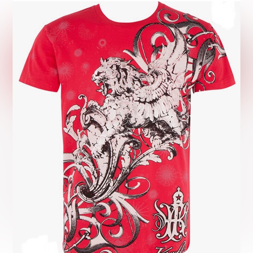 Sz S Sakkas Lion and Vines Metallic Silver Embossed Cotton Mens Fashion T-Shirt